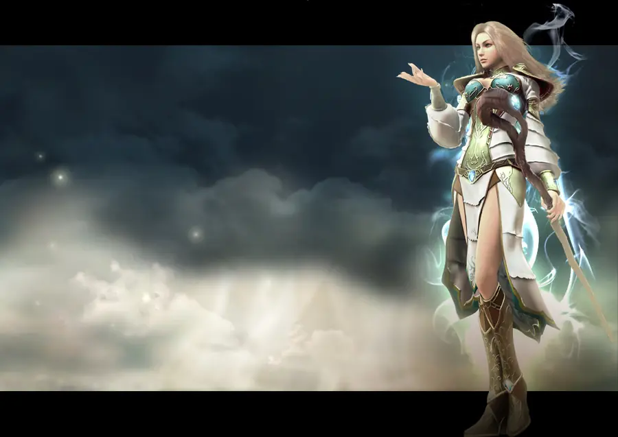 A priestess in white surrounded by light