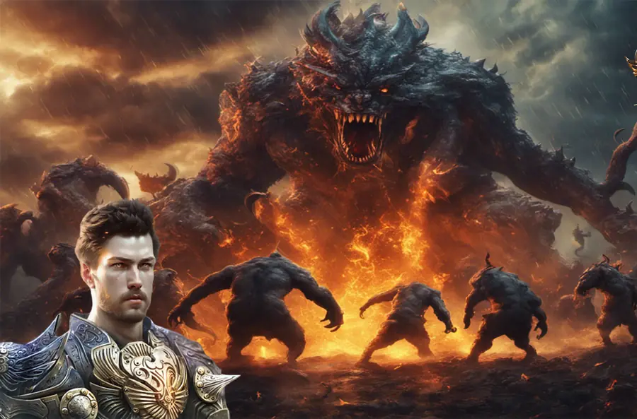 A hero faces a giant burning beast and its horde