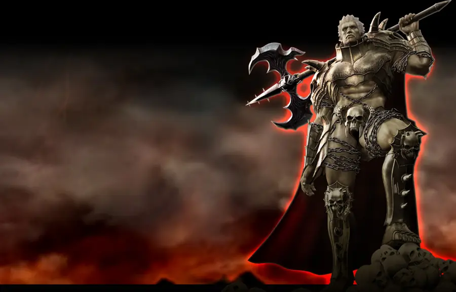 A heavily armored warrior with an axe on a dark red field